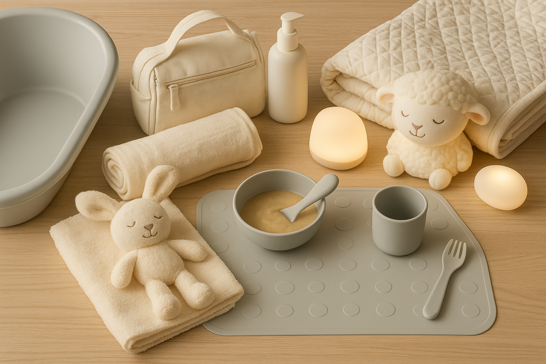 A warm, cozy baby-care setup featuring bath, mealtime, bedtime, and travel essentials inspired by GrowBright Baby.