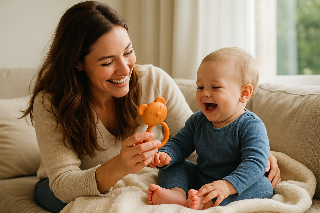 Mother and baby smiling together during a playful bonding moment on a cozy couch, holding a baby rattle in a warm and bright living room.