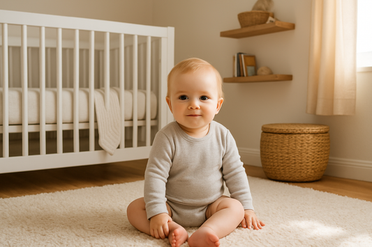 A baby sitting on a cozy nursery rug with warm natural light, showcasing a calm and safe environment that reflects GrowBright Baby’s parenting essentials.