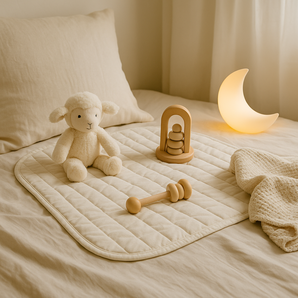 "Natural-light nursery scene with a plush lamb toy, wooden stacking toy, baby rattle, quilted play mat, knitted blanket, and a glowing crescent moon night light arranged on a soft beige bed."