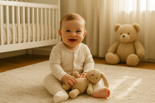 Smiling baby sitting on a soft rug in a cozy nursery holding a knitted bunny toy with a crib and teddy bear in the background.