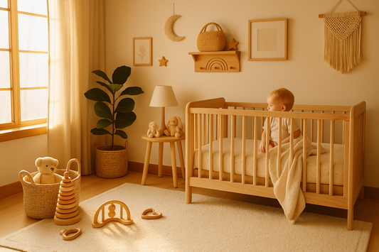“A softly lit nursery with warm morning sunlight, wooden toys, a cozy crib, and natural beige décor creating a calm and inviting space for a baby — GrowBright Baby”