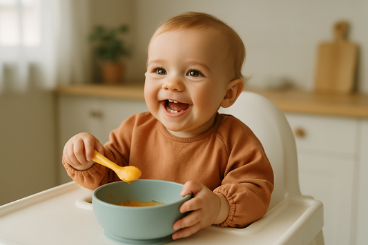 Baby smiling in a highchair during independent mealtime, holding a spoon and enjoying puree with natural warm light in a cozy kitchen setting.