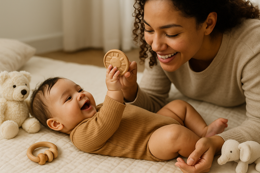 Mother smiling while engaging in sensory play with her baby on a soft nursery mat, as the baby reaches happily for a wooden toy surrounded by plush animals.