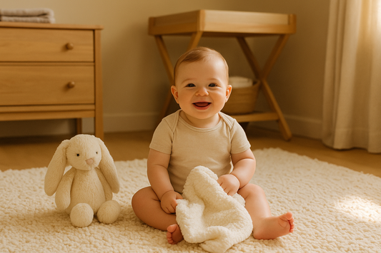 Baby smiling while sitting on a soft cream rug in a warm sunlit nursery, holding a fluffy blanket with a plush bunny beside him.