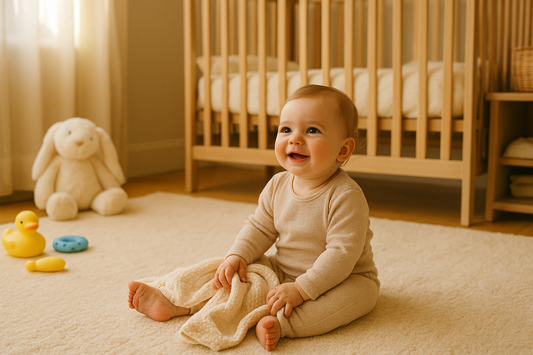 Baby sitting happily on a cream rug in a warm sunlit nursery, holding a soft blanket with plush toys and wooden furniture in the background.