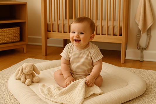 Baby smiling while sitting on a padded cream play mat in a warm sunlit nursery, holding a soft blanket with a plush bunny beside him.