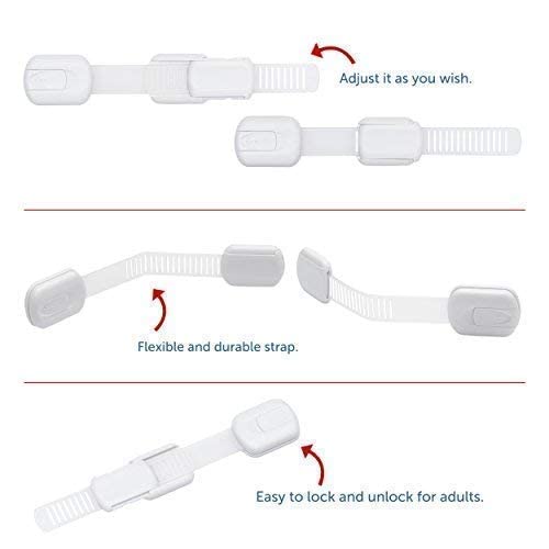 CUTESAFETY - Child Safety Cabinet Locks (6 Pack) – Adjustable Baby Proofing Strap Latches with Strong 3M Adhesive – No Drill Childproof Locks for Drawers, Cabinets, Fridge, Door, Closet, White