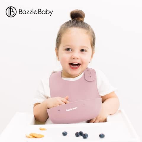 Bazzle Baby Silicone Bibs with Food Catcher - Rolls Up and Button closed for easy travel and storage Waterproof 2-Pk