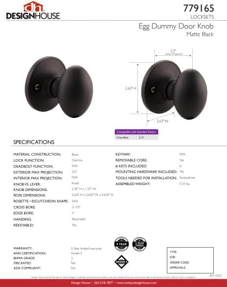 Design House 779165 Egg Dummy Door Knob Matte Black