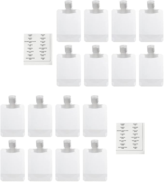KALLORY Travel Refillable Cosmetic Sub-Packing Bags Set 15Pcs 1 Oz Empty Lotion Sample Pouches for Shampoo Conditioner Creams Toiletries Skin Care Storage