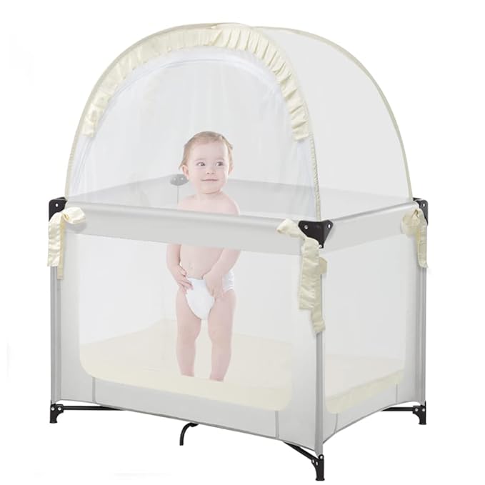 L RUNNZER Pack N Play Tent, Baby Crib Tent to Keep Baby from Climbing Out, Pop Up Crib Net for Pack and Plays, Mini Cribs & Play Yards, See-Through & Breathable Mesh Crib Canopy, Beige, R07s-beige