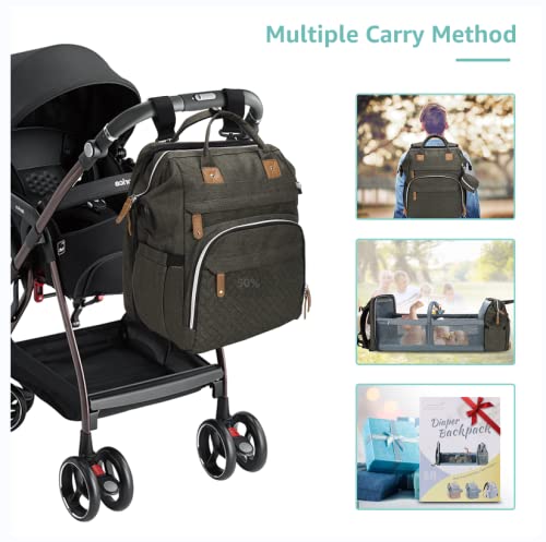 DERJUNSTAR Baby Diaper Bag Backpack with Changing Station Large Capacity Baby Bag for Boys & Girls, USB Charging Port, Pacifier Case, Sunshade & Toy Bar, Waterproof, Forest