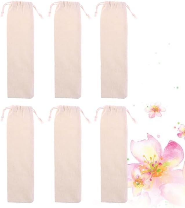BIUDECO 6pcs Straw Carrying Case Cotton Linen Pouch Bag for Reusable Drinking Straws Lightweight with Drawstring Design
