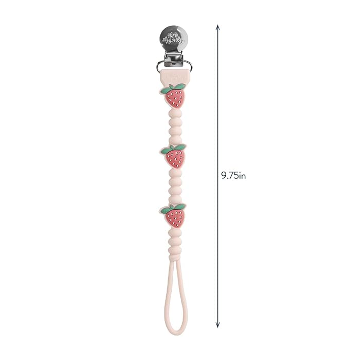 Itzy Ritzy Silicone Pacifier Clip – 100% Food Grade Silicone Pacifier Strap with Clip Keeps Pacifiers, Teethers & Small Toys in Place – Features One-Piece Design & Cord (Strawberry)