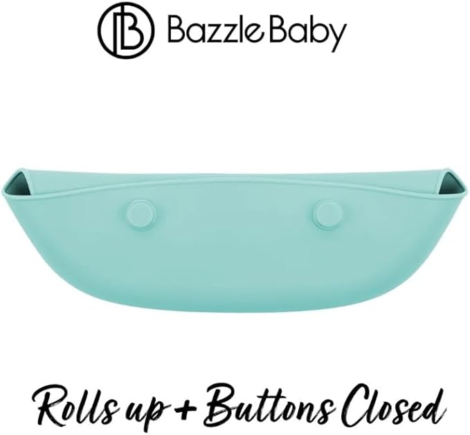 Bazzle Baby Silicone Bibs with Food Catcher - Rolls Up and Button closed for easy travel and storage Waterproof 2-Pk