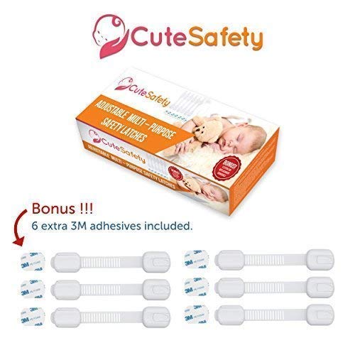 CUTESAFETY - Child Safety Cabinet Locks (6 Pack) – Adjustable Baby Proofing Strap Latches with Strong 3M Adhesive – No Drill Childproof Locks for Drawers, Cabinets, Fridge, Door, Closet, White