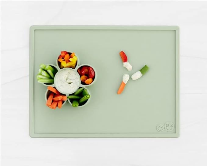 ezpz Play Mat for Baby + Toddler - 6 Months+ (Sage) - Suction Plate with Flower Compartments for Crafts, Painting, Sorting, Snack Time - Fits Standard Piece of Paper