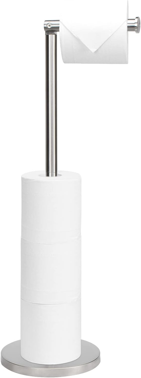 NearMoon Bath Toilet Paper Holder Stand- Modern Tissue Roll Holder Freestanding with Balanced Base, Rustproof Toilet Roll Holder for Bathroom/Kitchen Countertop (Brushed Nickel, Stainless Steel Base)