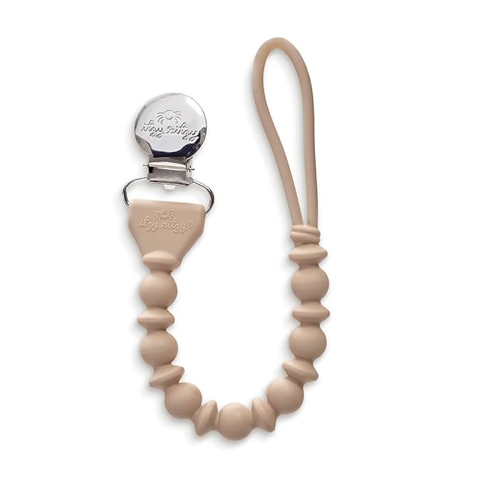 Itzy Ritzy Silicone Pacifier Clip – 100% Food Grade Silicone Pacifier Strap with Clip Keeps Pacifiers, Teethers & Small Toys in Place – Features One-Piece Design & Cord (Toast)