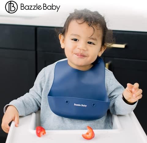 Bazzle Baby Silicone Bibs with Food Catcher - Rolls Up and Button closed for easy travel and storage Waterproof 2-Pk