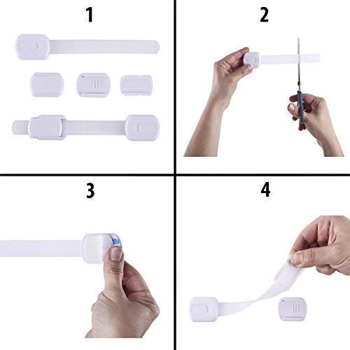 CUTESAFETY - Child Safety Cabinet Locks (6 Pack) – Adjustable Baby Proofing Strap Latches with Strong 3M Adhesive – No Drill Childproof Locks for Drawers, Cabinets, Fridge, Door, Closet, White