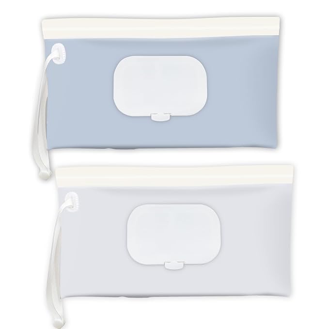 Baby Wipes Holder 2 Pack, Wipes Container & Wet Wipes Dispenser, Travel Wipes Case Reusable Wipes Pouch, Portable Wipe Holder for Diaper Bag, Blue & Beige