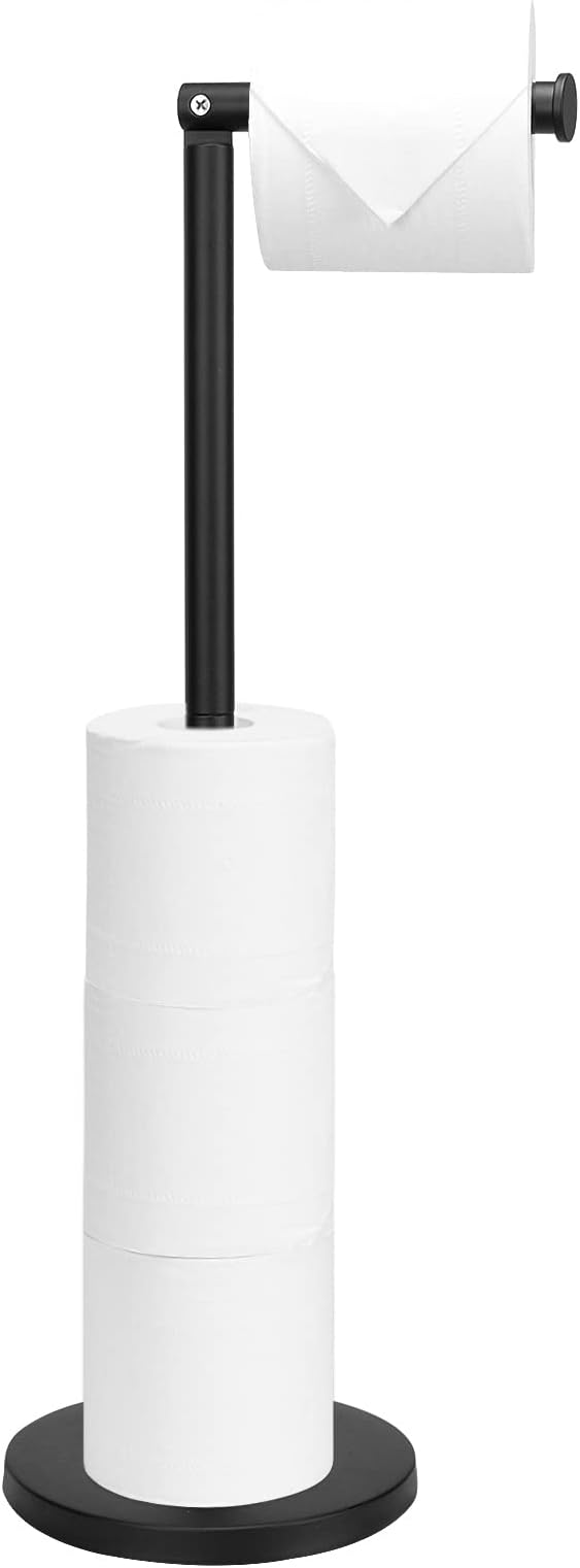 NearMoon Bath Toilet Paper Holder Stand- Modern Tissue Roll Holder Standing with Balanced Base, Rustproof Toilet Roll Holder for Bathroom/Kitchen Countertop (Matte Black, Stainless Steel Base)