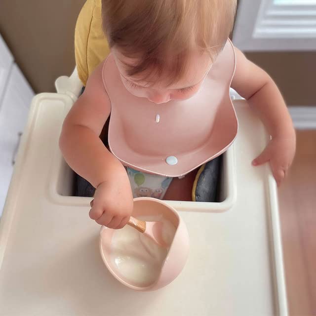 Ginbear Baby Bowls with Suction, Silicone Bibs, Self Feeding Spoons, Led Weaning Supplies, Toddler Eating Set for Ages 6 Months+ (Baby Pink)