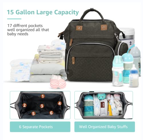 DERJUNSTAR Baby Diaper Bag Backpack with Changing Station Large Capacity Baby Bag for Boys & Girls, USB Charging Port, Pacifier Case, Sunshade & Toy Bar, Waterproof, Forest