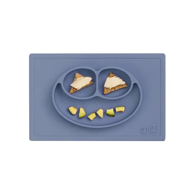 ezpz Happy Mat - 24 Months+ (Indigo) - 100% Silicone Suction Plate with Built-in Placemat for Toddlers + Preschoolers - Divided Toddler Plates - Toddler Essentials