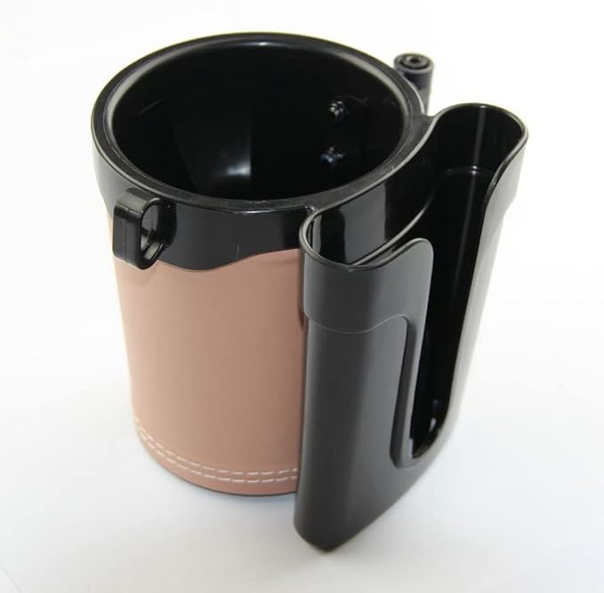Tobefore Bike Cup Holder ABS+PU Leather with Phone Mount and Keys Hook，Adjustable Drink Holder for Bicycle Handlebar,Universal Coffee Cup Holder for Bicycle, Wheelchair, Scooter and Walker(Beige)