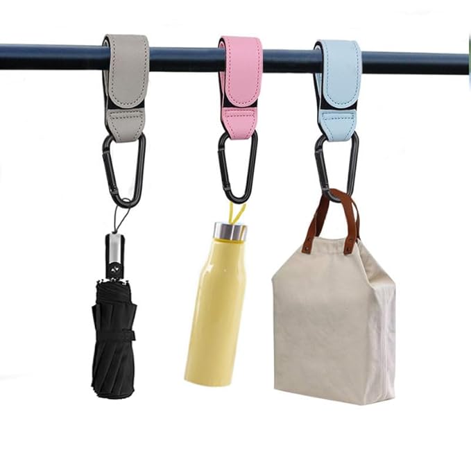 6 PCS Stroller Hooks for Hanging Bags and Shopping - Universal Stroller Clips for Bags - Great Hook Set for Mommy When Walking or Shopping（Blue + Pink + Gray）