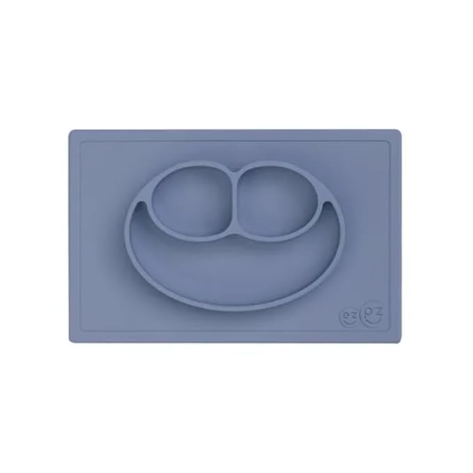 ezpz Happy Mat - 24 Months+ (Indigo) - 100% Silicone Suction Plate with Built-in Placemat for Toddlers + Preschoolers - Divided Toddler Plates - Toddler Essentials