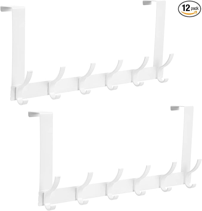 Optish Over The Door Hooks, Door Hanger Hooks for Hanging, Over The Doors Towel Racks for Bathroom with 12 Coat Hook, Coat Rack Bathroom Accessories（2 Pack, White）