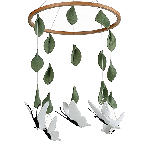 Baby Crib Mobile – Wooden Hanging Nursery Baby Mobile for Crib, Nursery Decor for Boys & Girls, Perfect Shower Gift (White Butterflies) Also Fits Bassinets, Sorrel + Fern