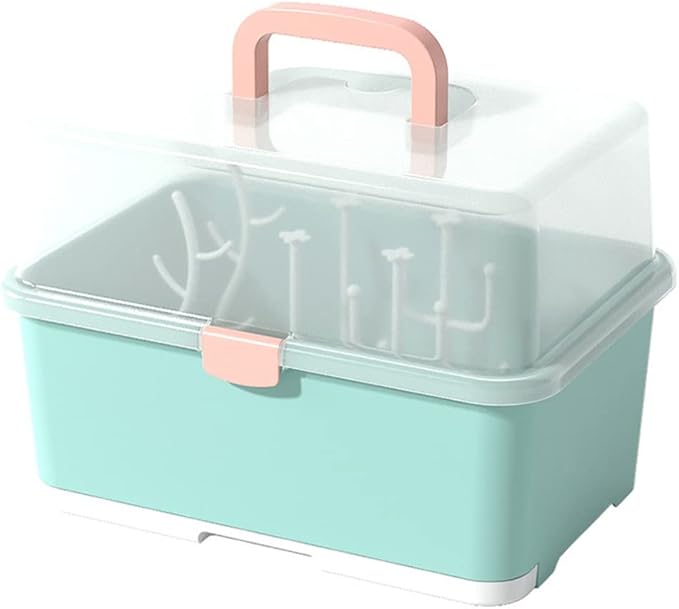 Toyvian Large Capacity Baby Bottle Storage Box with Lid and Handle Portable Drying Rack Organizer for Bottles and Cups 11.4X9X8.7 Inches for Home and Travel