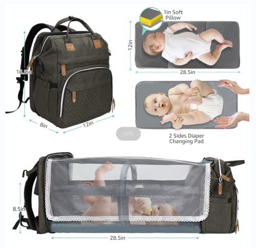DERJUNSTAR Baby Diaper Bag Backpack with Changing Station Large Capacity Baby Bag for Boys & Girls, USB Charging Port, Pacifier Case, Sunshade & Toy Bar, Waterproof, Forest