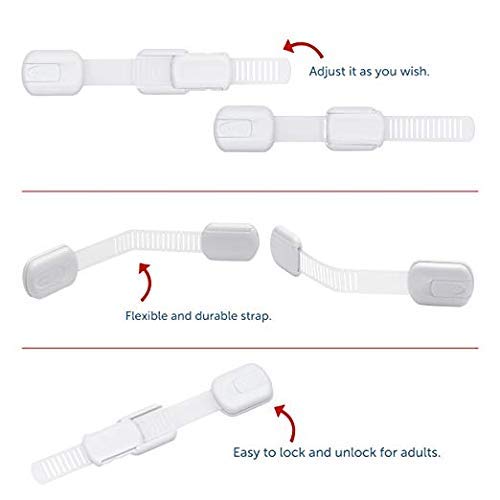 CUTESAFETY - Child Safety Cabinet Locks (6 Pack) – Adjustable Baby Proofing Strap Latches with Strong 3M Adhesive – No Drill Childproof Locks for Drawers, Cabinets, Fridge, Door, Closet, White