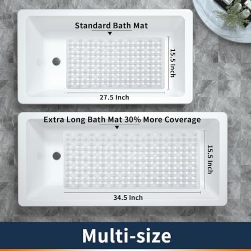 Yimobra Bath Tub Mat Non Slip, 34.5"x15.5" Long Shower Mat, Machine Washable Bathmat with Drain Holes and Suction Cups, Soft on Feet, Bathroom Essentials, Clear