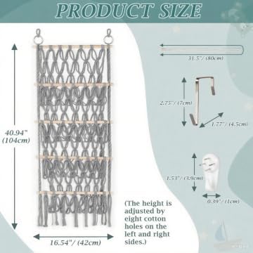 42 Cm Wide Gray Over The Door Macrame Organizer—Plush Toy Storage Net, Ideal For Plush Toys And Dolls/Easy-To-Install Stuffed Animal Hammock