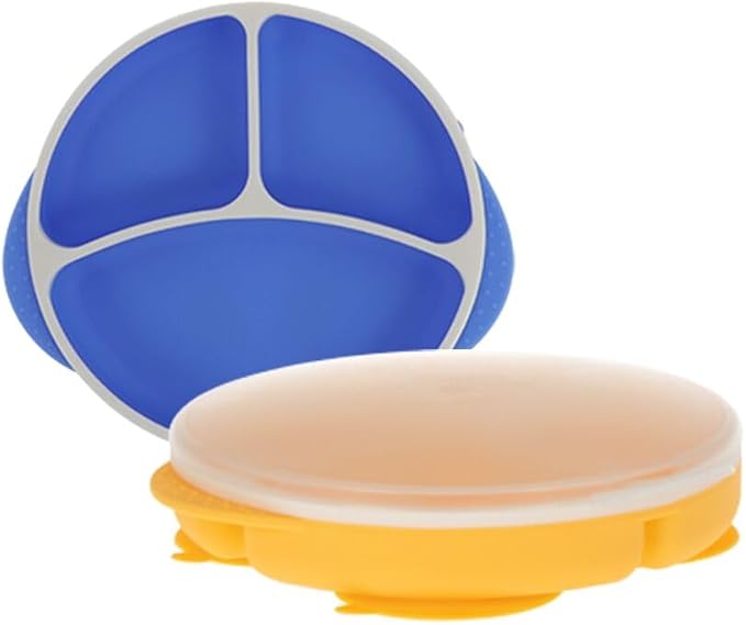 Nuby Silicone Round Suction Plate with Lid - Dishwasher-Safe Baby and Toddler Plate - 6+ Months - Blue and Yellow - Back to School Essentials