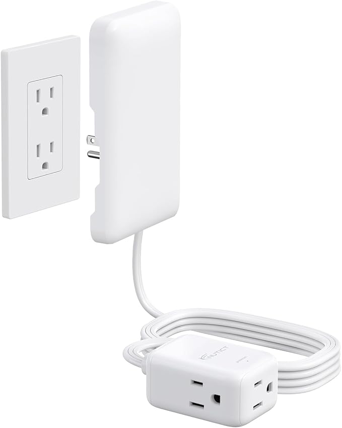 10FT Long Extension Cord with Outlet Cover - NUTICT Flat Cord Extension with Multi Outlets, 1625W, ETL Listed, 900J Surge Protector Power Strip, Fits Behind Tight Spaces & Hide Bulky Cords, White