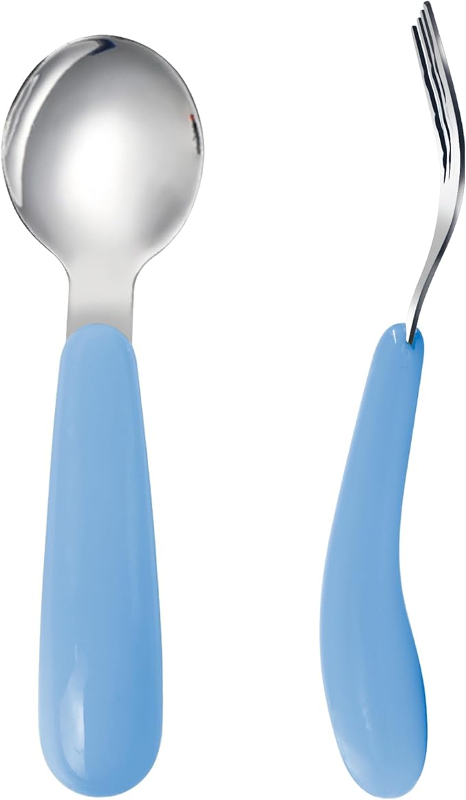 VANRA 2 Pieces Toddler Fork and Spoon Set with Travel Case 18/8 Stainless Steel Toddler Utensils Kids Silverware Children Flatware Child Cutlery Set for School Lunch Box (Blue)