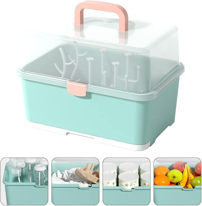 Toyvian Large Capacity Baby Bottle Storage Box with Lid and Handle Portable Drying Rack Organizer for Bottles and Cups 11.4X9X8.7 Inches for Home and Travel