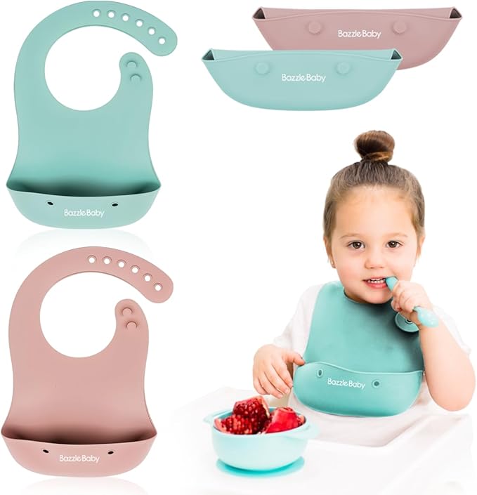 Bazzle Baby Silicone Bibs with Food Catcher - Rolls Up and Button closed for easy travel and storage Waterproof 2-Pk