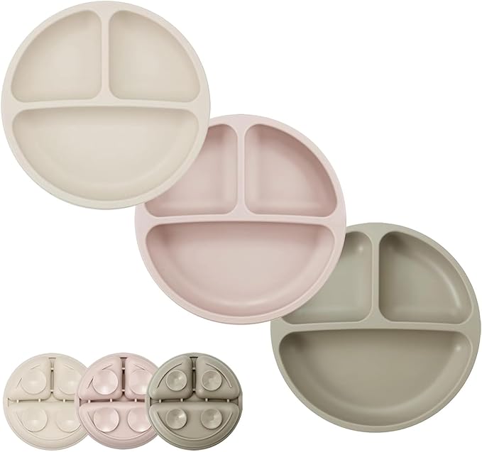 PandaEar 3 Pack Toddler Plates, Divided Suction Silicone Baby and Toddler Plates,Non-Slip - Dishwasher and Microwave Safe (Brown Tea Flax)