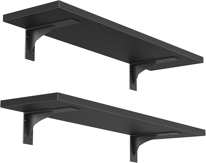 HOOBRO Floating Shelves for Wall, 15.4" Wall Mounted Shelves Set of 2, Hanging Storage Shelf with Metal Brackets, Wooden Shelf for Living Room, Bedroom, Bathroom, Black BK42BJP201G1