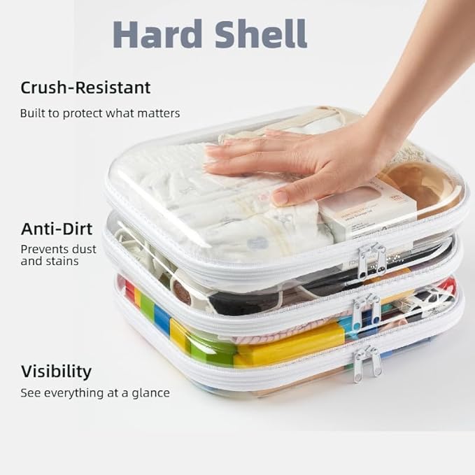 3-Pack Large Clear Hard Shell Zipper Pouches, Clear Zipper Bags, Hard Case Pouches for Purse & Diaper Bag Organizer,and Travel Essentials (3L
