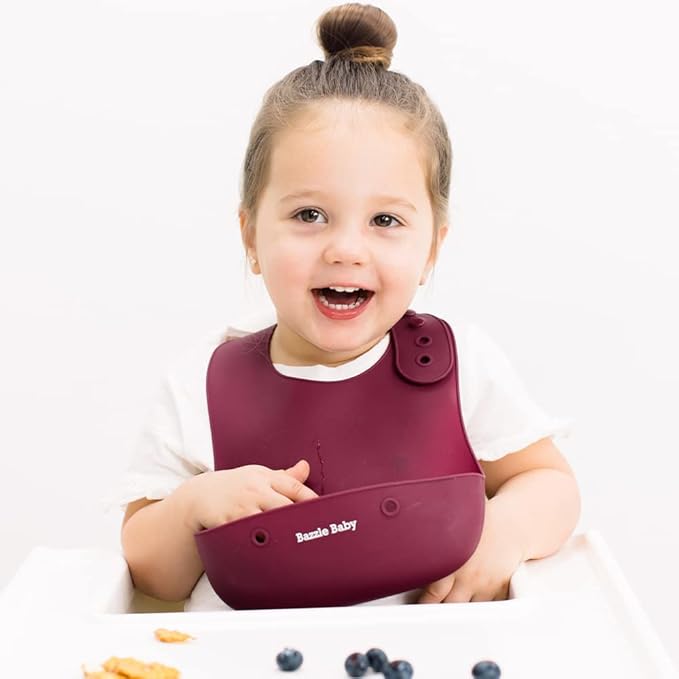 Bazzle Baby Silicone Bibs with Food Catcher - Rolls Up and Button closed for easy travel and storage Waterproof 2-Pk